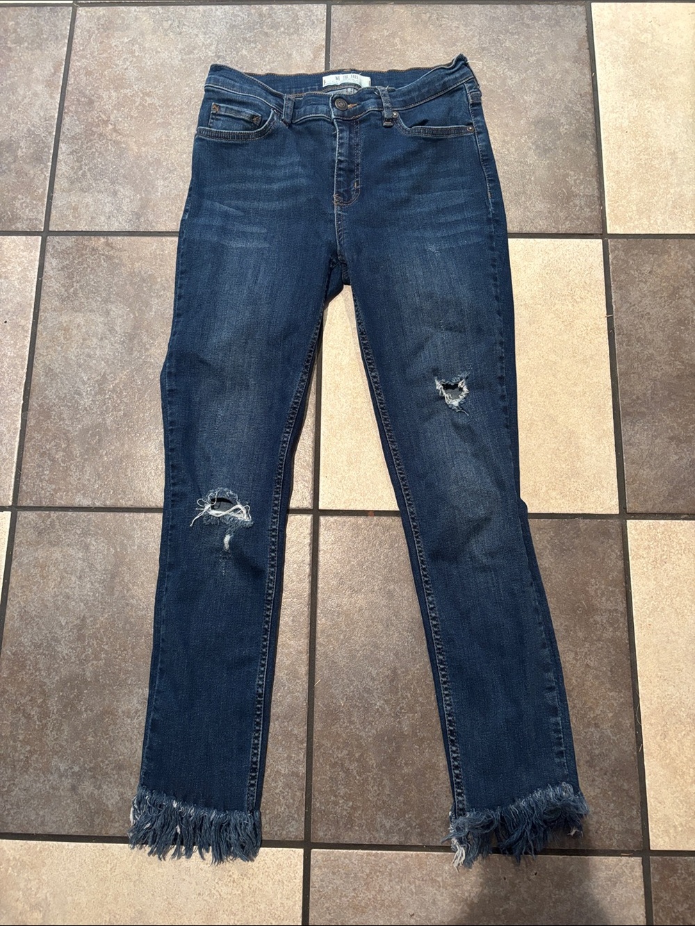 Free People Dark Blue Ripped Skinny Jeans with Fringed Hem